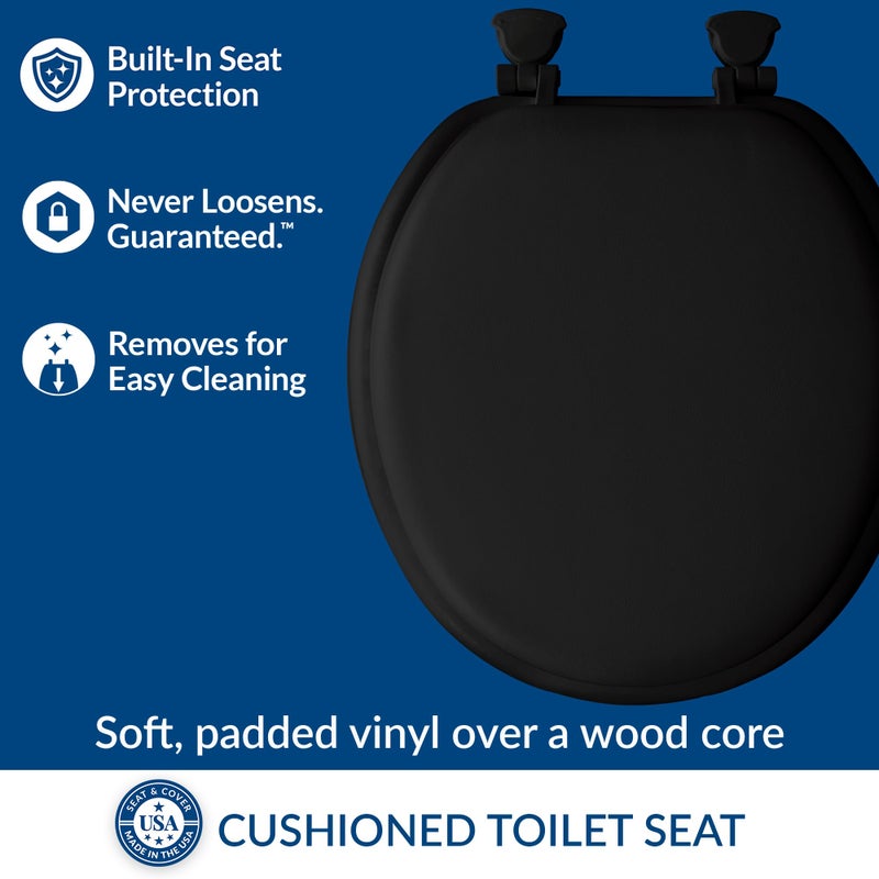 Mayfair Padded Toilet Seat, Cushioned Soft Vinyl over Wood Core Seat, Secure Hinges, Easy Clean, Made in USA, Round, Black - Image 2
