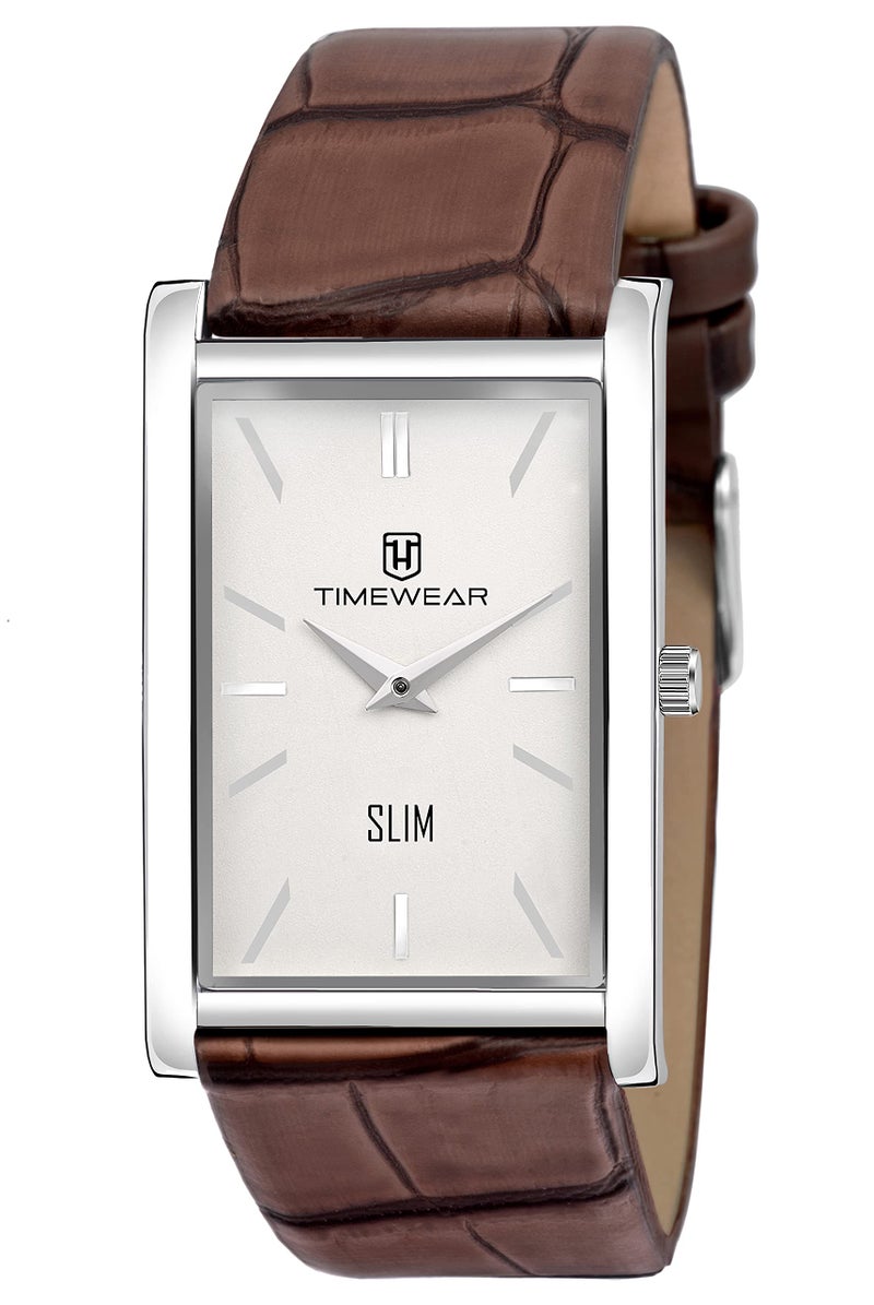 TIMEWEAR Slim Two Hands Brown Leather Strap Analogue Watch For Men - Image 1