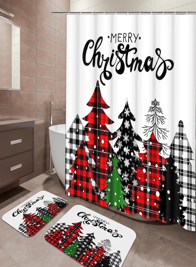 ArtSocket Christmas Tree Bathroom Set with Shower Curtain and Rugs Accessories, Buffalo Plaid Red Shower Curtain Set, Merry Christmas Winter Bathroom Decor 3 Pcs - Image 1