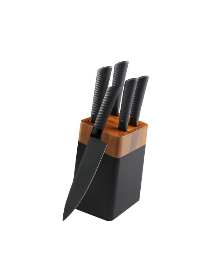 HATCHEN 6-Piece Stainless Steel Sharp Blade Kitchen Knife Set with Storage Block Black and Brown 10.9 x 16.8 x 35.8 cm BH03 - Image 1
