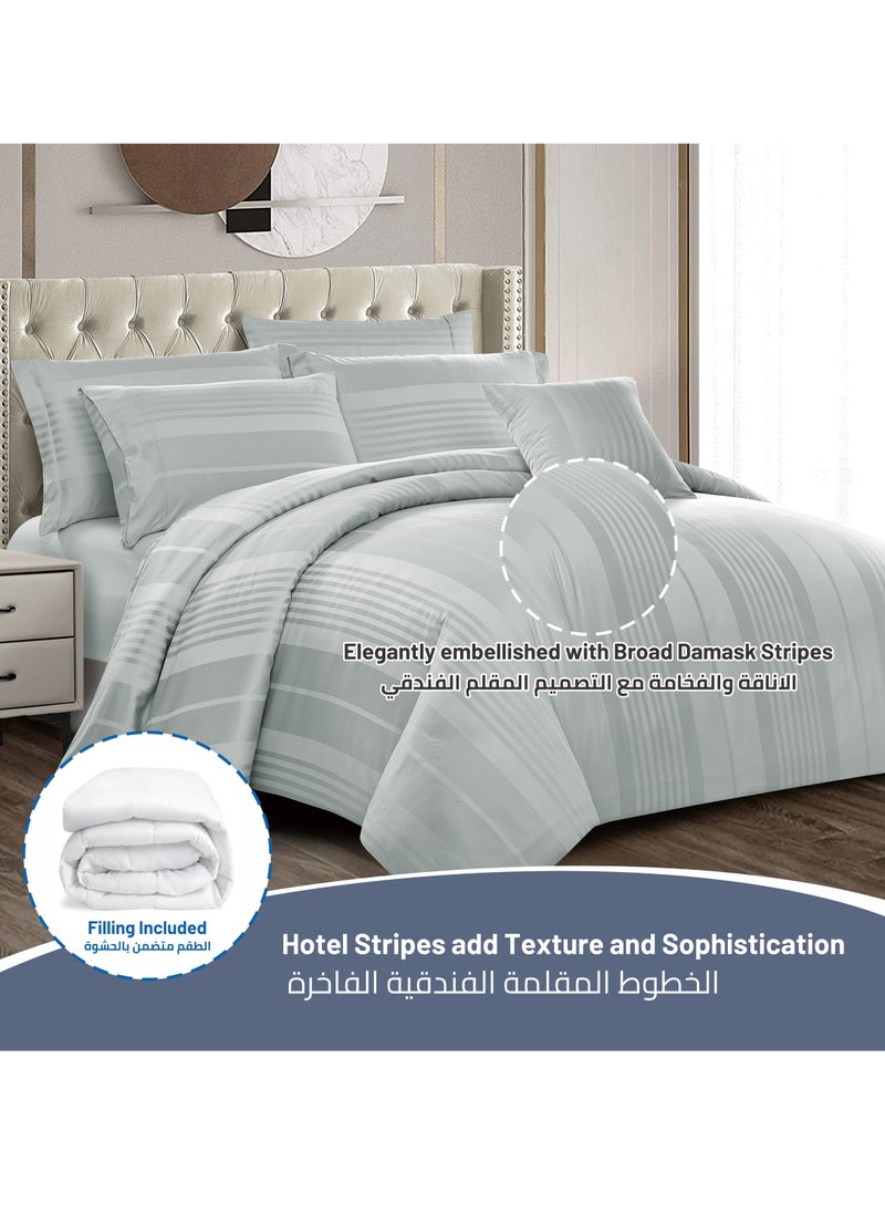 Donetella - Comforter Set 8-Pieces Double Size Hotel Style All Season Cotton Blend Stripe Pattern Bedding Set With Removable Cover And Down Alternative Filling, Grey - Image 1