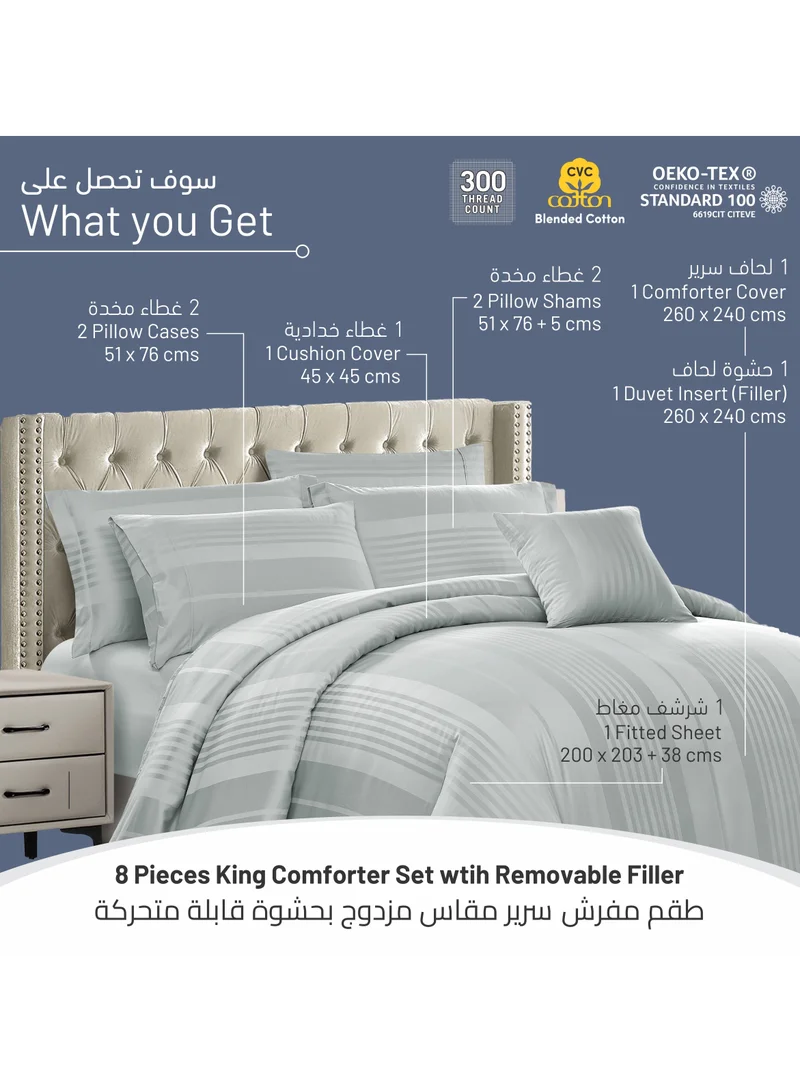 Donetella Comforter Set 8-Pieces Double Size Hotel Style All Season Cotton Blend Stripe Pattern Bedding Set With Removable Cover And Down Alternative Filling, Grey