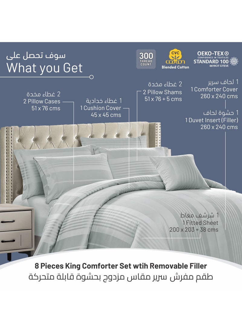 Donetella - Comforter Set 8-Pieces Double Size Hotel Style All Season Cotton Blend Stripe Pattern Bedding Set With Removable Cover And Down Alternative Filling, Grey - Image 1