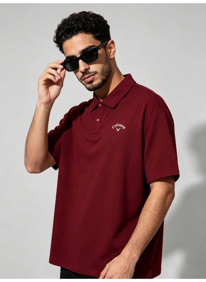 Callaway Men’s Burgundy Solid Short Sleeve Golf Polo Shirt with White Printed Chest Logo - Image 3