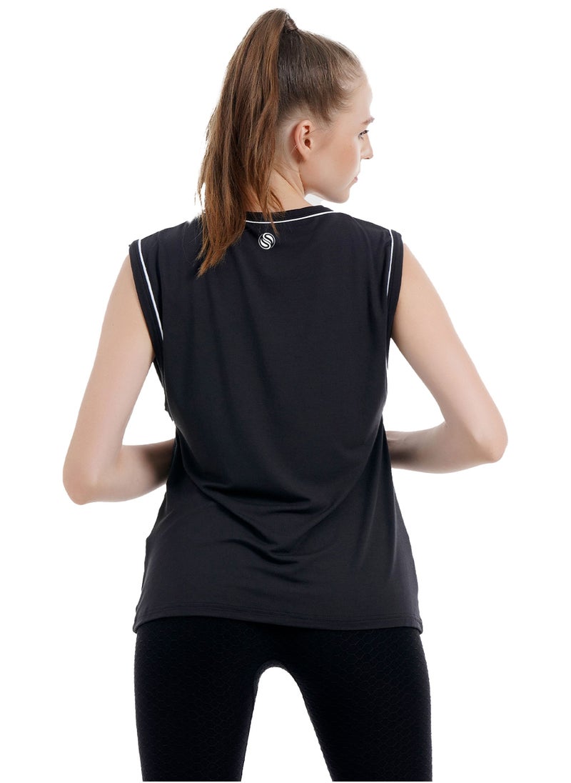 Selecta Now - Ladies Sleeveless Cotton T-Shirt Black Breathable Contrast Piping Tank Top Soft Stretchable Women’s T Shirt - Image 1