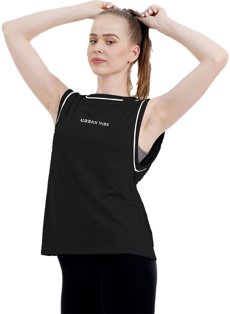 Selecta Now Ladies Sleeveless Cotton T-Shirt Black Breathable Contrast Piping Tank Top Soft Stretchable Women’s T Shirt - Image 2