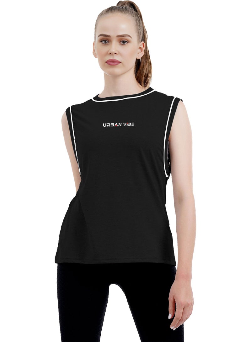 Selecta Now Ladies Sleeveless Cotton T-Shirt Black Breathable Contrast Piping Tank Top Soft Stretchable Women’s T Shirt - Image 1