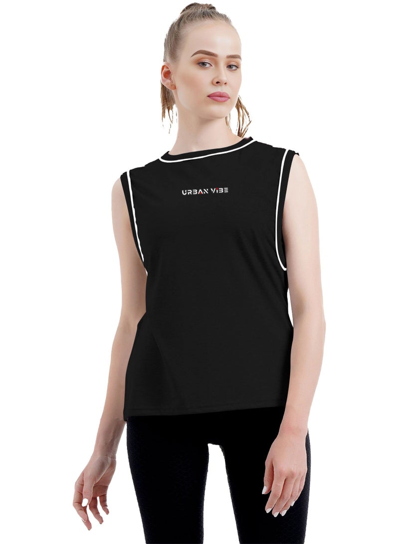 Selecta Now Ladies Sleeveless Cotton T-Shirt Black Breathable Contrast Piping Tank Top Soft Stretchable Women’s T Shirt - Image 3