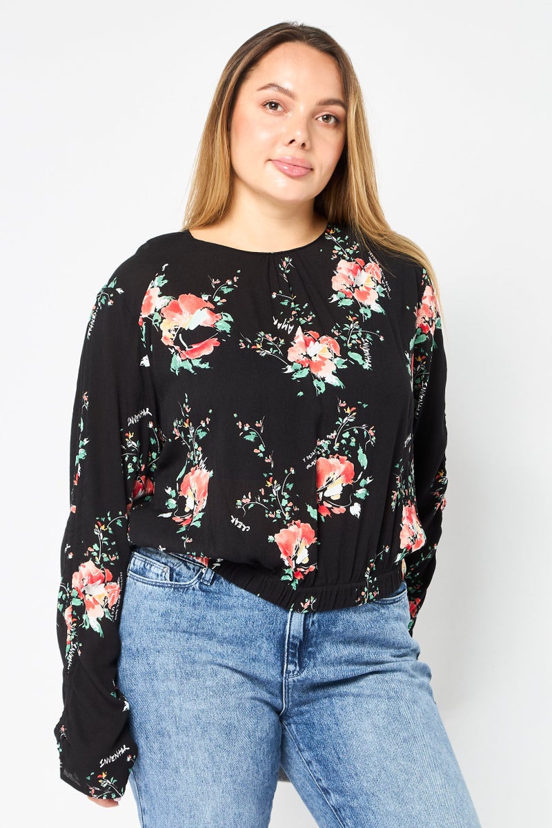 DESIGUAL Women Jewel Neck Long Sleeve Floral Print Blouse, Multicolor - Image 1