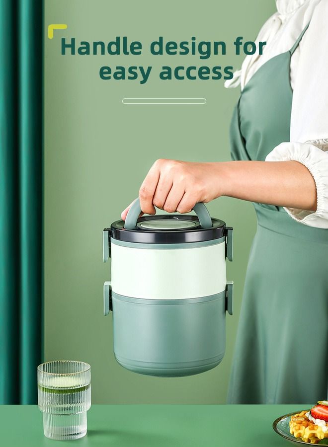2-Layer Round Thermal Lunch Box Set 304 Stainless Steel Food Container Stackable Bento Box for Adults Kids Green