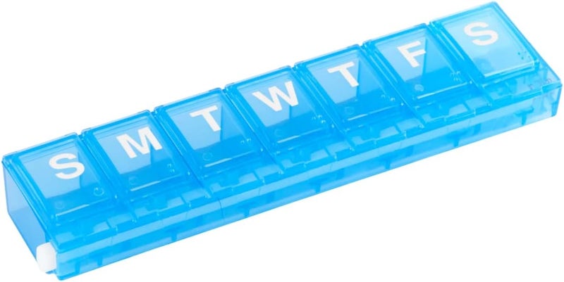 منظم الحبوب الأسبوعي EZY DOSE (7 أيام)، علبة أدوية، صندوق تنظيم الفيتامينات، مقصورات صغيرة مغلقة لتأمين الأدوية الموصوفة ومنع الانسكاب العرضي، أزرق