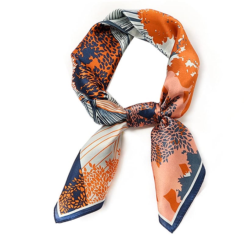 MEISEE 100% Pure Mulberry Silk Medium Square Scarf Head Scarf for Women (in) Natural Silk Neckerchief Printed Headscarf with Gift Packed (Orange tree) - Image 1