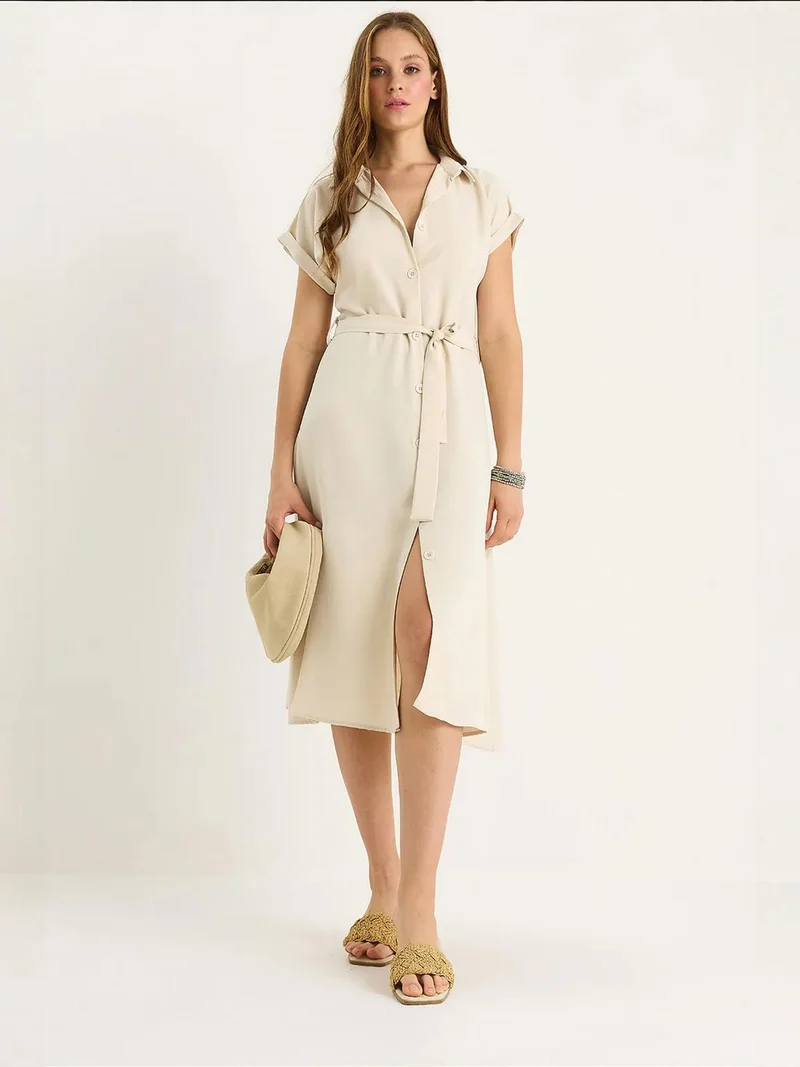 Bianco Lucci LUCCI V-Neck Buttoned Midi Dress with Binding Detail