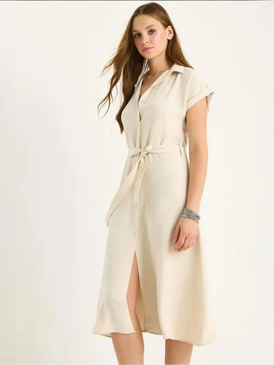 Bianco Lucci LUCCI V-Neck Buttoned Midi Dress with Binding Detail