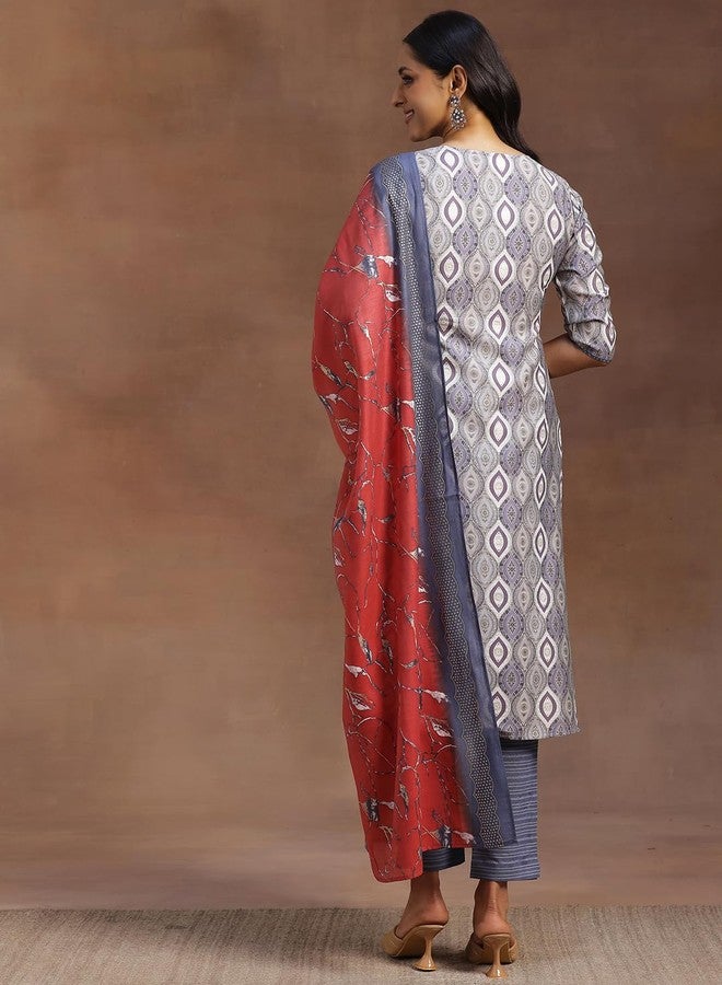 Libas Womens Printed Silk Blend Straight Kurta With Trousers and Dupatta - Image 4