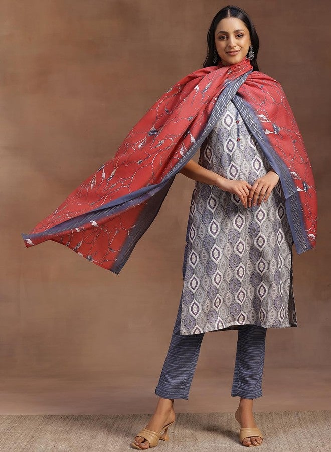 Libas Womens Printed Silk Blend Straight Kurta With Trousers and Dupatta - Image 2