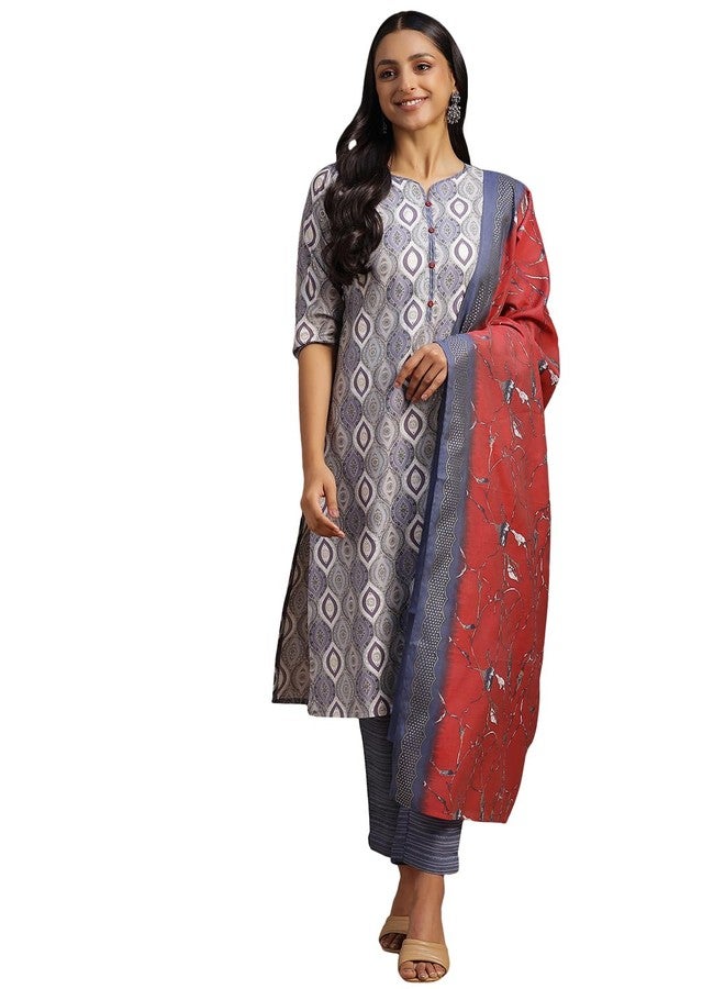 Libas Womens Printed Silk Blend Straight Kurta With Trousers and Dupatta - Image 1