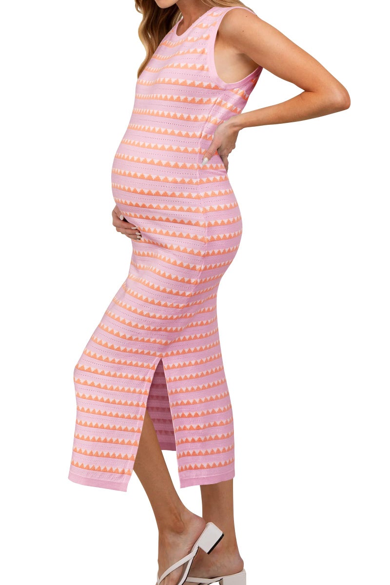 OUGES Women's 2026 Summer Maternity Dress for Photoshoot Baby Shower Midi Dress Sleeveless Crewneck Side Slit Bodycon Striped Knit Sweater Dress(Pink Orange Striped,M) - Image 1