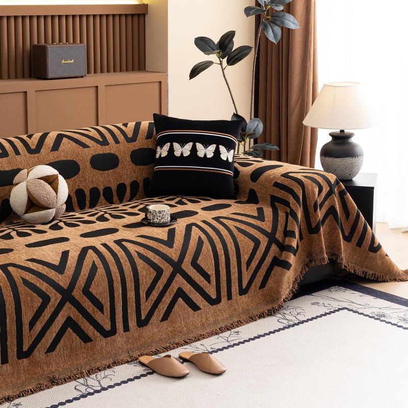 HANDONTIME Boho Couch Cover Geometric Striped Pet Covers for Couches and Sofas Copper Brown and Black Dog Cover for Couch Pet Friendly Chenille Sectional Sofa Covers for Pets Washable, 71" X 118" - Image 1