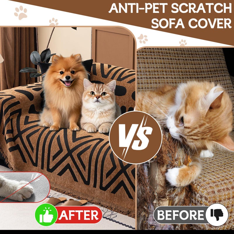 HANDONTIME Boho Couch Cover Geometric Striped Pet Covers for Couches and Sofas Copper Brown and Black Dog Cover for Couch Pet Friendly Chenille Sectional Sofa Covers for Pets Washable, 71" X 118" - Image 3