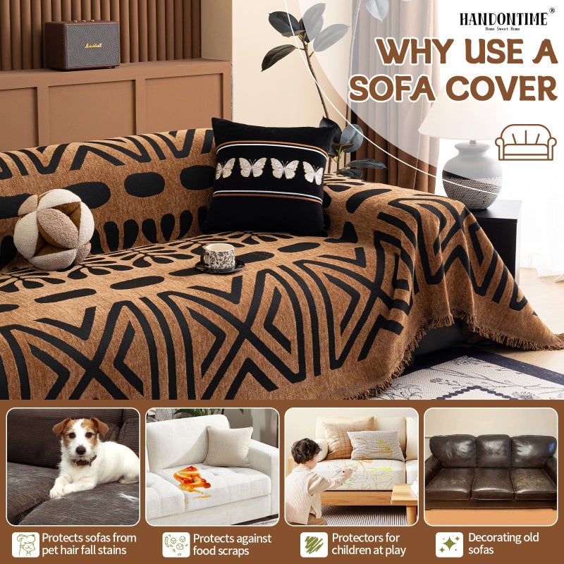 HANDONTIME Boho Couch Cover Geometric Striped Pet Covers for Couches and Sofas Copper Brown and Black Dog Cover for Couch Pet Friendly Chenille Sectional Sofa Covers for Pets Washable, 71" X 118" - Image 5