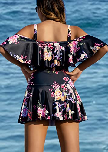 COCOPEAR Women's One Piece Flounce Swimsuit Off Shoulder Bathing Suit Tummy Control Swimdress Floral 37 3XL/20-22 - Image 4