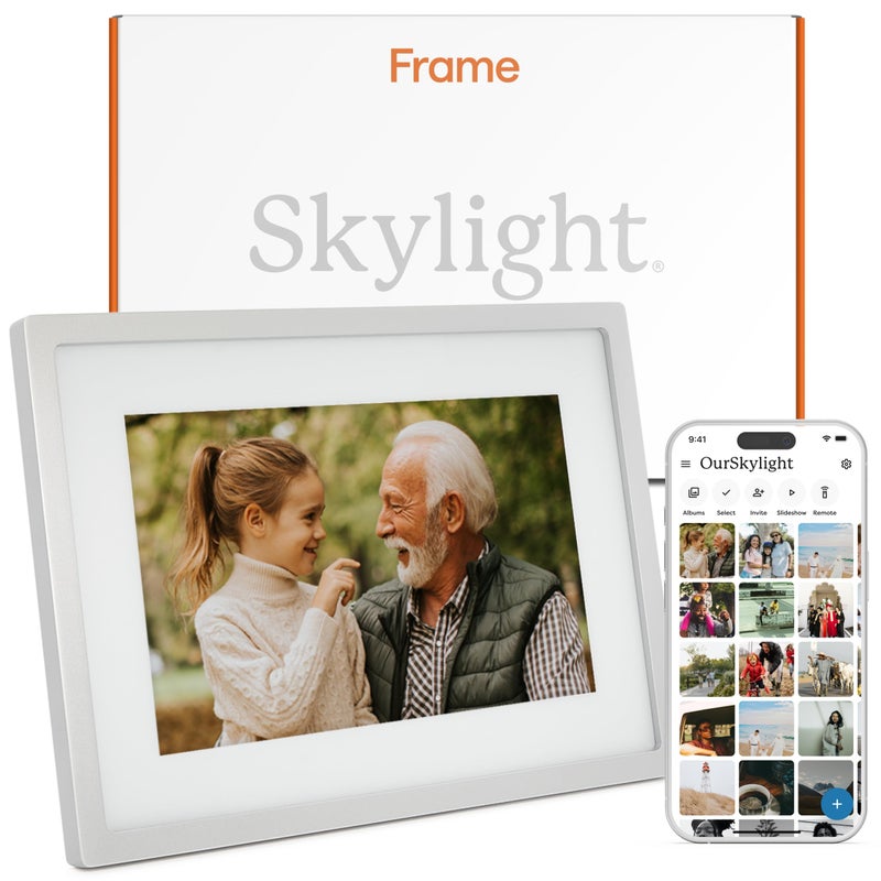 Skylight Digital Picture Frame WiFi Enabled with Load from Phone Capability Touch Screen Digital Photo Frame Display Customizable Gift for Friends and Family 10 Inch Silver