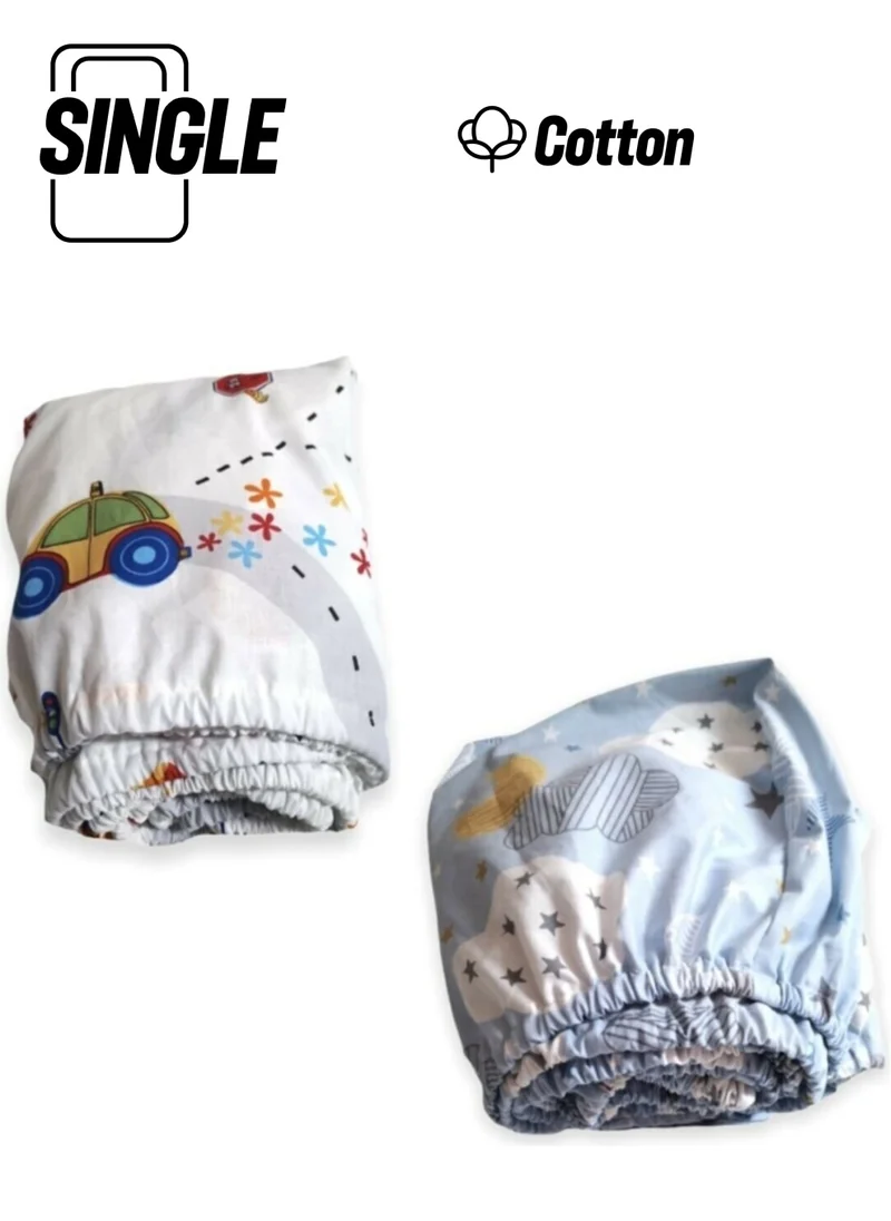 Bebek Özel Baby Special Cotton Baby and Kids Fitted Sheet Blue Moon and Traffic 90X140 (2 Pieces)