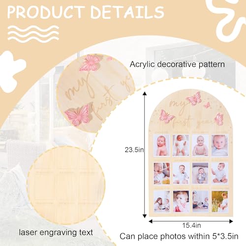 TERJIO My First Year Wood Photo Board for Butterfly - Acrylic 3D Butterfly for 1st Birthday Party Decor,1-12 Months Photo Wooden Board Party Surprises for Baby Girl,First Birthday Butterfly Baby Shower - Image 2