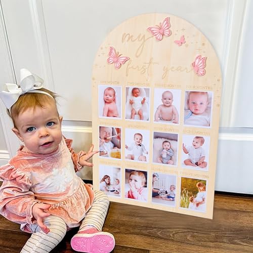 TERJIO My First Year Wood Photo Board for Butterfly - Acrylic 3D Butterfly for 1st Birthday Party Decor,1-12 Months Photo Wooden Board Party Surprises for Baby Girl,First Birthday Butterfly Baby Shower - Image 3