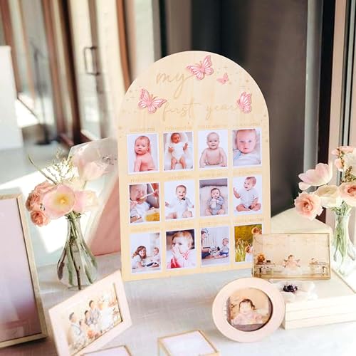 TERJIO My First Year Wood Photo Board for Butterfly - Acrylic 3D Butterfly for 1st Birthday Party Decor,1-12 Months Photo Wooden Board Party Surprises for Baby Girl,First Birthday Butterfly Baby Shower - Image 4