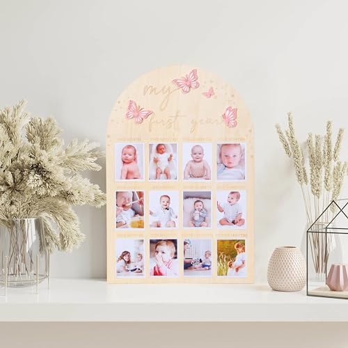 TERJIO My First Year Wood Photo Board for Butterfly - Acrylic 3D Butterfly for 1st Birthday Party Decor,1-12 Months Photo Wooden Board Party Surprises for Baby Girl,First Birthday Butterfly Baby Shower - Image 1