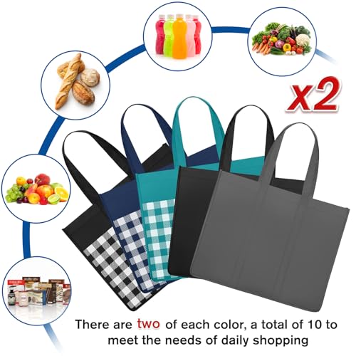 WISELIFE Reusable Grocery Shopping Bags 10 Pack Large Foldable Tote Bags Bulk, Eco Produce Bags with Long Handle for Shopping Groceries Clothes (Plaid B) - Image 3