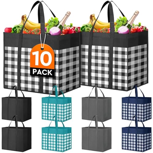 WISELIFE Reusable Grocery Shopping Bags 10 Pack Large Foldable Tote Bags Bulk, Eco Produce Bags with Long Handle for Shopping Groceries Clothes (Plaid B) - Image 1