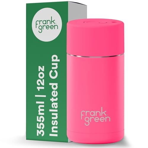 frank green - Ceramic Reusable Cup - Travel Coffee Mug, Stainless Steel Coffee Cup, Insulated Tumbler - Push Button Lid - 12oz - Neon Pink - Image 1