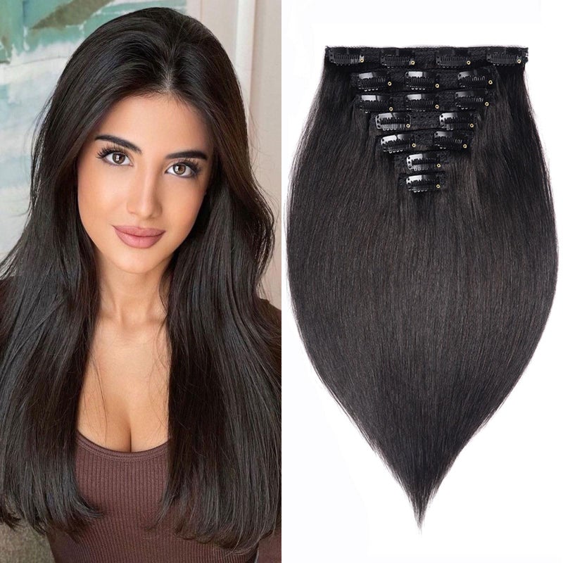 16 Clip in Human Hair Extensions Full Head 130g 7 Pieces 16 Clips 1B Natural Black Double Weft Brazilian Real Remy Hair Extensions Thick Silky Straight 16 Natural Black