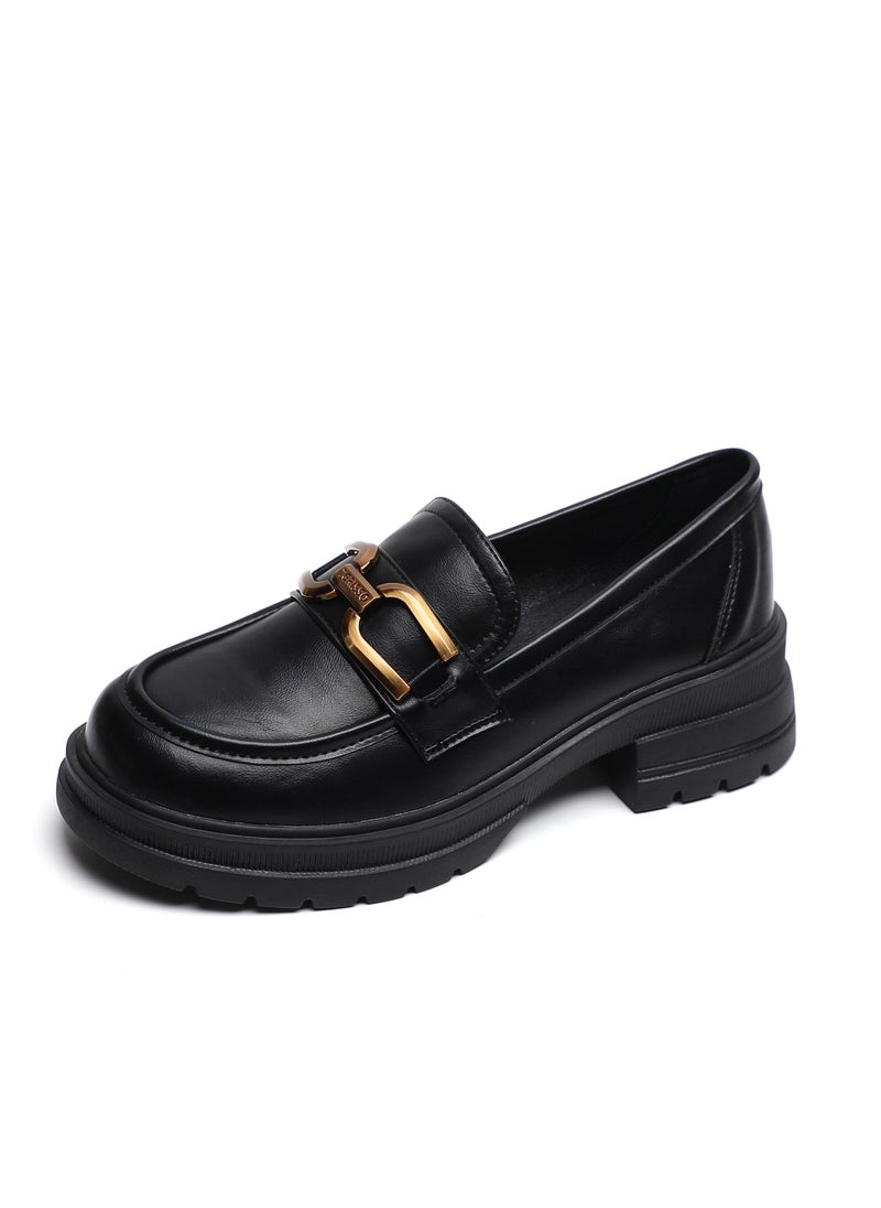 Loquat Academic Round Toe Soft Sole Single Shoes Black  - Image 1