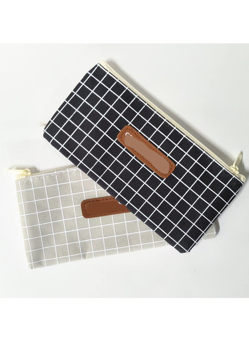 SYOSI Canvas Pencil Cases, Simple Grid Pattern Pencil Pouch Zipper Bag for Office School Stationary, Multipurpose Makeup Bag Coin Wallet Purse for Cosmetics Keys Cash Travel Use for School Teens(Black+Grey)  - Image 2