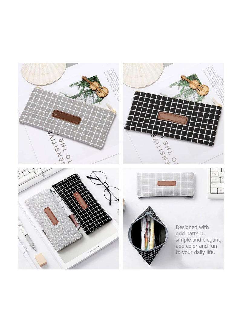 SYOSI Canvas Pencil Cases, Simple Grid Pattern Pencil Pouch Zipper Bag for Office School Stationary, Multipurpose Makeup Bag Coin Wallet Purse for Cosmetics Keys Cash Travel Use for School Teens(Black+Grey)  - Image 3