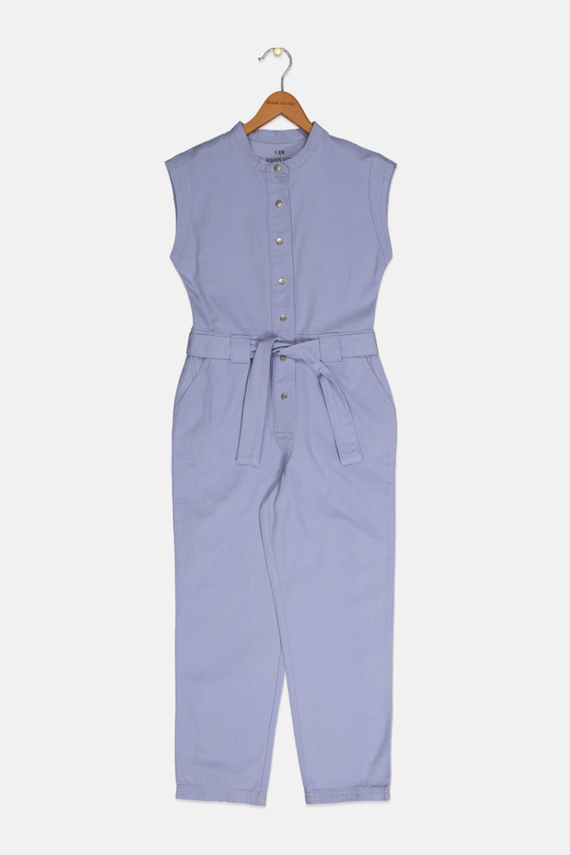 Tchibo Kids Girl Plain Belted Denim  Jumpsuit, Sage Blue - Image 1