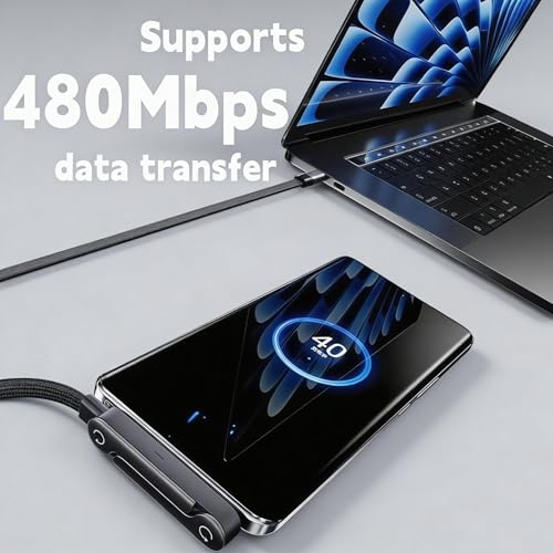 HOSYH 240W Invisible Stand Fast Charging Cable, 240W USB C to USB C Flat Cable 90 Degree Angled, Sideways Phone Type C Charger Cord (4.9FT) Compatible with iPhone 17 Series - Image 2