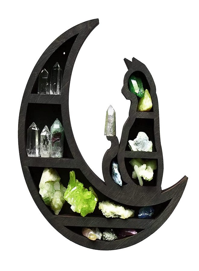 EMVANV Wooden Crystal Shelf, Moon Cat Home Improvement Wall Mounted Jewelry Rack Wooden Crystal Shelf Kitchen(Black,Size:30x30x3cm) - Image 2