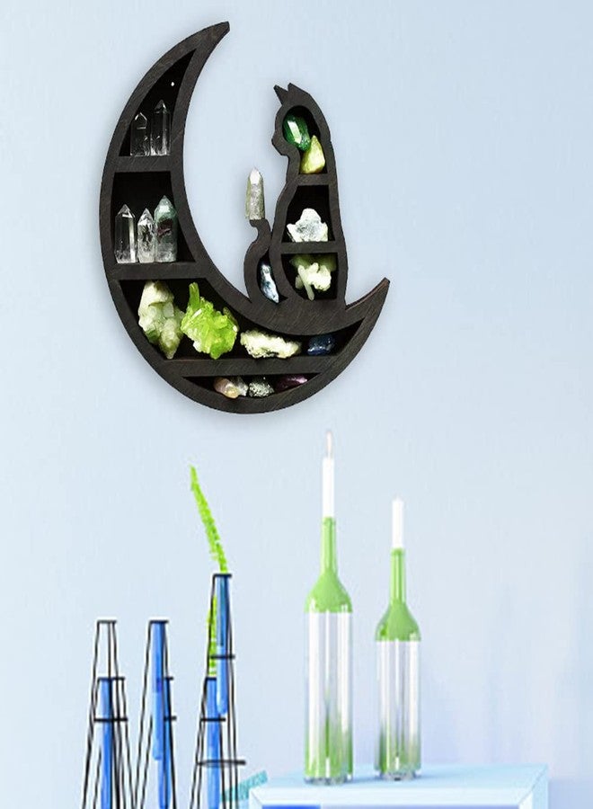 EMVANV Wooden Crystal Shelf, Moon Cat Home Improvement Wall Mounted Jewelry Rack Wooden Crystal Shelf Kitchen(Black,Size:30x30x3cm) - Image 4
