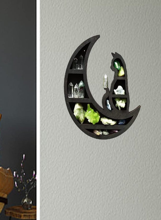 EMVANV Wooden Crystal Shelf, Moon Cat Home Improvement Wall Mounted Jewelry Rack Wooden Crystal Shelf Kitchen(Black,Size:30x30x3cm) - Image 5