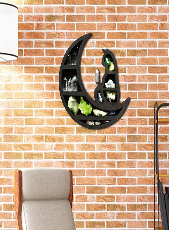 EMVANV Wooden Crystal Shelf, Moon Cat Home Improvement Wall Mounted Jewelry Rack Wooden Crystal Shelf Kitchen(Black,Size:30x30x3cm) - Image 3