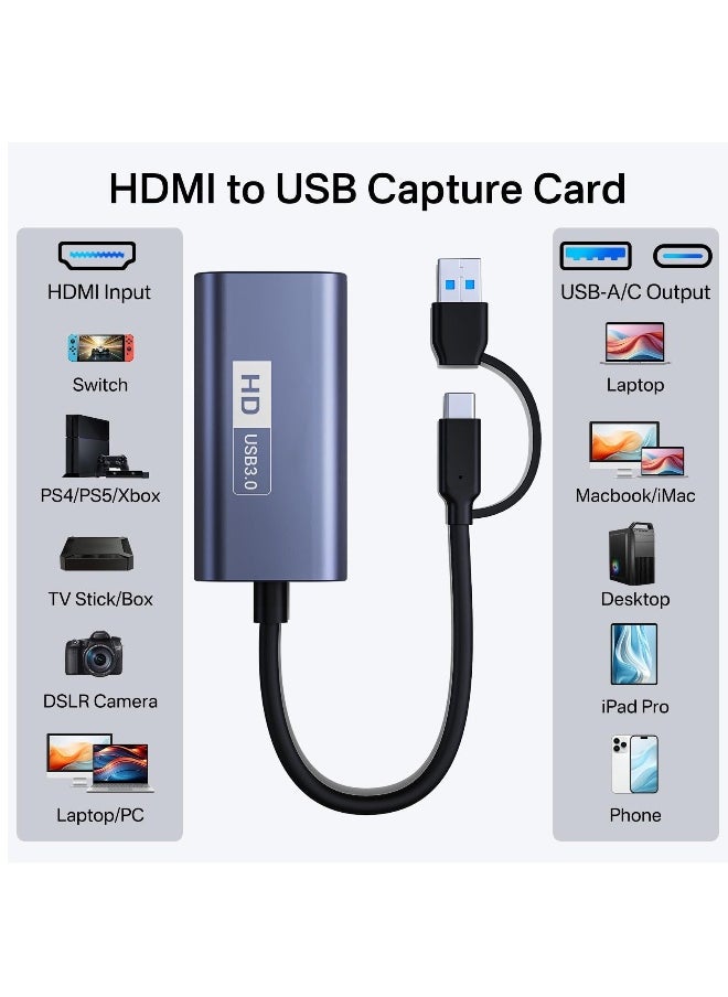 4K HDMI Capture Card - USB 3.0 to USB-A/C, 1080P 60FPS Video Capture for Live Streaming/ Gaming/ Meeting, Compatible with Windows/Mac OS System, Switch PS4/5 Xbox OBS Zoom