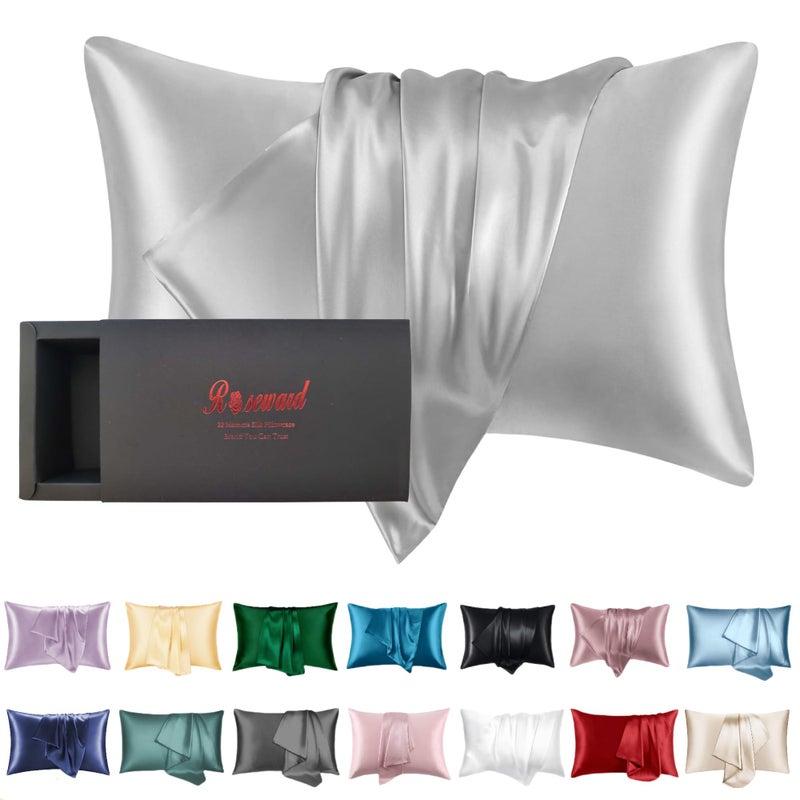 ROSEWARD Grey Silk Pillowcase for Acne Prone Skin Sleeping Women, Pure 22 Momme Hypoallergenic Silk Pillow Cases with Zipper, Natural Mulberry Silk Cooling Pillow Case from USA, 1 Pc 20"x26" (Standard, Grey) - Image 1