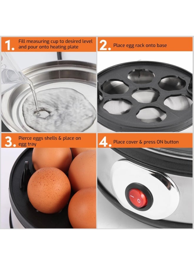 Tornado Keratiner Rapid Egg Boiler Electric 350W, 7-Egg Capacity Soft, Medium, Hard-Boiled Egg Cooker with Auto Shut-Off Features Stainless Steel Shell, Transparent Lid, Measuring Cup,BPA Free  - Image 3