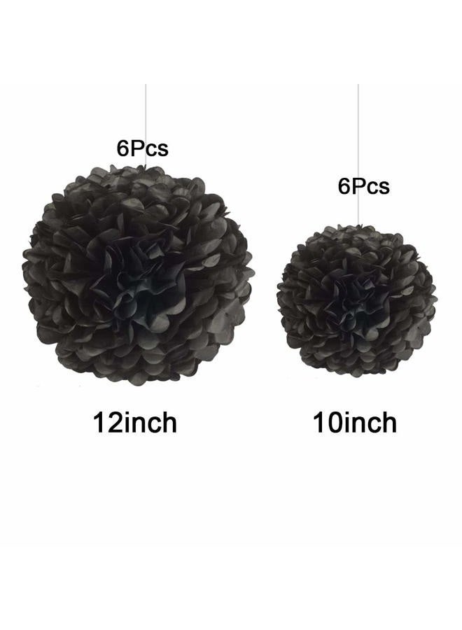 GAKA Black Tissue Hanging Paper Pom Poms,Flower Ball Wedding Birthday Party Decoration （6Pcs 12in Pom Pom & 6Pcs 10in Pom Pom） - Image 2