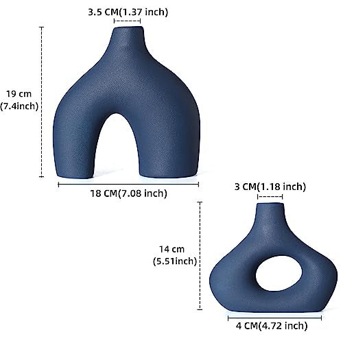 CEMABT Blue Ceramic Vase Set of 2 for Modern Minimalist Bohemian Decor，Round Matte Donut Vases for Pampas Grass-Perfect for Living Room, Dining Table, Office Bedroom Shelf Decor Entryway, Console - Image 2